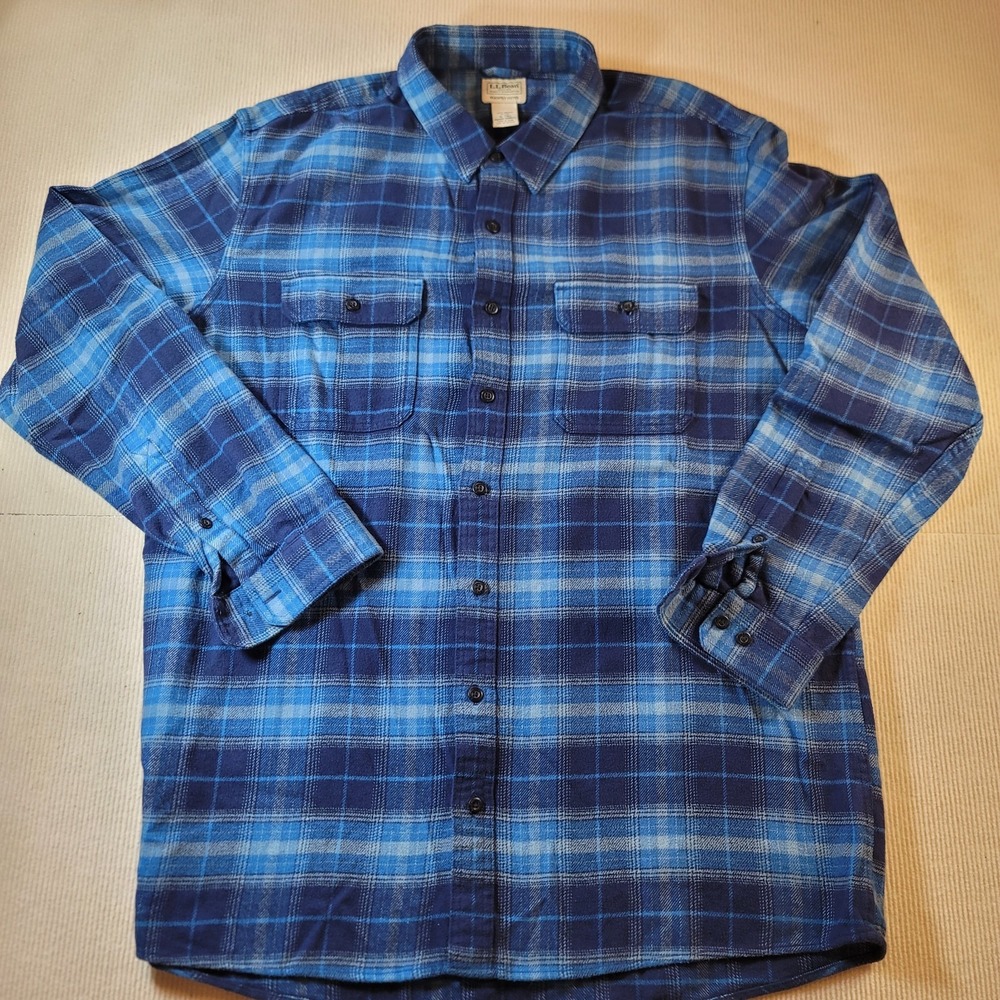 LL Bean Slightly Fitted Flannel Shirt Mens XLT Blue Navy Plaid Organic Cotton